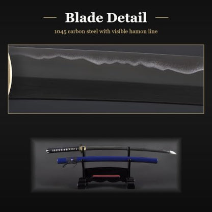 1045 Katana, Hand Forged Full Tang Japanese Sword | Classic Tsuba Series - color: Blue,White