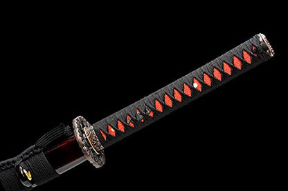 Traditional Heat/Clay Tempered Hand Forged Katana Sword | Real 1060/1095 T10 High Carbon Steel Sharp Full Tang Katanas | Practical Authentic Japanese Samurai Swords - color: Fans Red