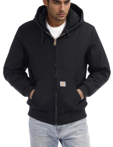 Men's Loose Fit Quilted Flannel Lined Workwear Waterproof Active Jacket Hooded Work Coat, Small, Black - color: Black, size: X-Large
