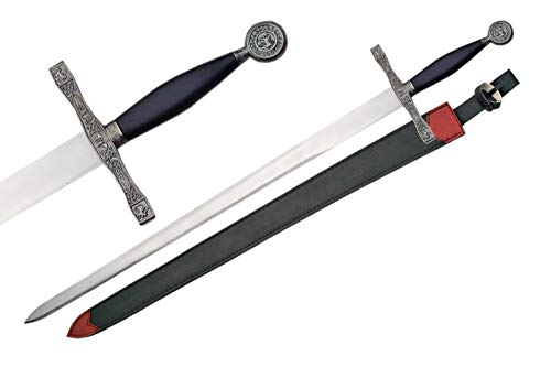 SZCO 40" King Arthur Sword – Decorative Medieval Fantasy Knight Sword for Adults with Etched Guard & Pommel, Black Handle & Leather Sheath for Cosplay, Display & LARP