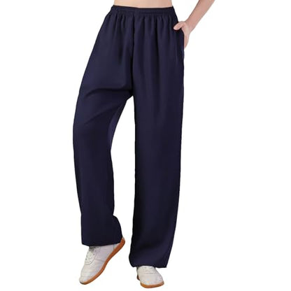 ZooBoo Men's Cotton Linen Kung Fu Pants Elastic Waist Tai Chi Trousers - color: Navy, size: Large