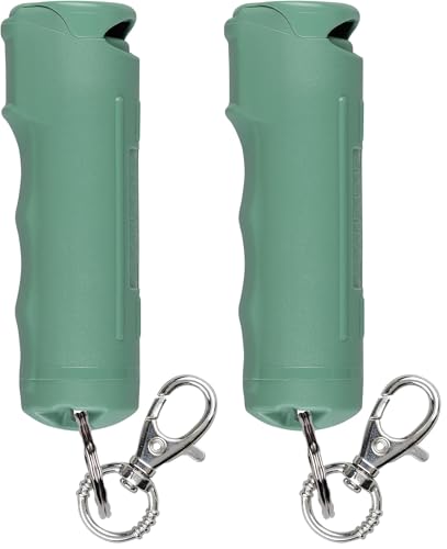 SABRE Pepper Spray with Fast Flip-Top Safety & Snap‑Clip Keychain for Self Defense - Maximum Police Strength OC with UV Marking Dye, 10‑Sec. Spray, 14-ft Range, Finger Grip, Made in USA, 0.54 fl oz - color: Sage Green (Pack of 2)