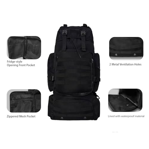 Tactical 80L Hiking Backpack with Dedicated Shoe Compartment - Large Capacity Rucksack for Camping Backpacking Men Women - Outdoor Trekking Travel Pack (Black)