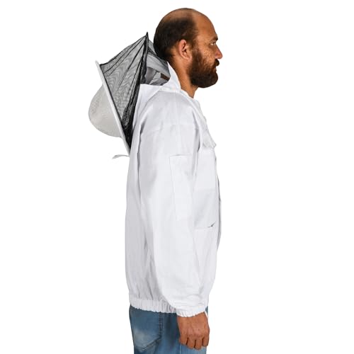 Beekeeping Jacket with Round Veil - Breathable Cotton Beekeeper Suit with YKK Zippers & Protective Hood (BP-102-White)-M - color: White Round Veil, size: Medium