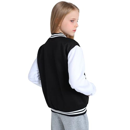 Kids Varsity Jacket Girls Boys Baseball Jacket Bomber Coat School Uniform with Pocket - color: Black, size: 14 Years