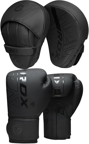 RDX Boxing Pads and Gloves Set, Maya Hide Leather Kara Hook and Jab Curved Focus Mitts with Punching Gloves for MMA, Muay Thai, Kickboxing Coaching, Martial Arts - color: Black, size: 12OZ