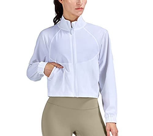 altiland Women's UPF 50+ Athletic Running Track Zip Up Cropped Jackets - color: White, size: Small