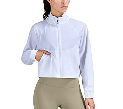 altiland Women's UPF 50+ Athletic Running Track Zip Up Cropped Jackets - color: White, size: Medium