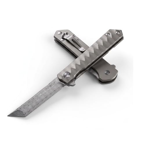Damascus Folding Knife, Titanium Handle - color: Silver-D