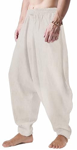 CLANMILUMS Men's Cotton Harem Pants Casual Loose Hippie Drop Crotch Trouser - color: Beige, size: XX-Large