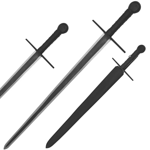 Medieval Warrior Knights Templar Long Sword with Sheath Steel Guard, Leather Wrapped Handle - color: Black