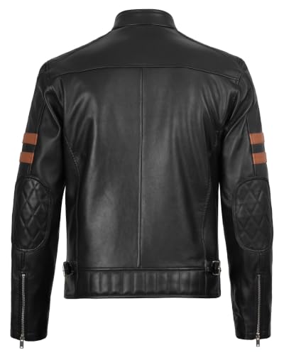 Real Lambskin Cafe Racer Leather Jacket Men Biker Style Stripes Sleeves - color: Black, size: X-Small