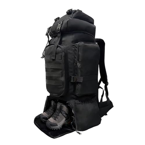 Tactical 80L Hiking Backpack with Dedicated Shoe Compartment - Large Capacity Rucksack for Camping Backpacking Men Women - Outdoor Trekking Travel Pack (Black)