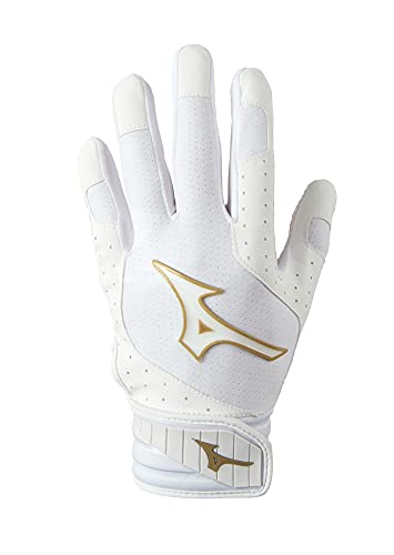 Mizuno Finch Softball Padded Batting Gloves | Pair | Adult and Youth | Nonslip Palm | Padded ShockPalm | FlexMesh Back | QuikAdjust Wrist Tab - color: White/Gold, size: X-Small, style: Finch Youth Softball Padded Batting Glove