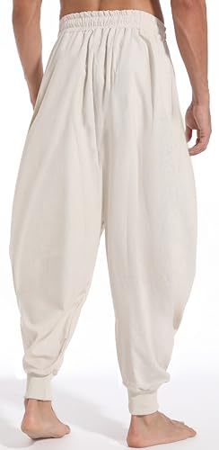 CLANMILUMS Men's Cotton Harem Pants Casual Loose Hippie Drop Crotch Trouser - color: Beige 1, size: Large
