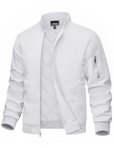 MAGCOMSEN Men's Bomber Jacket Casual Windproof Quilted Jacket Full Zip Windbreaker Winter Warm Varsity Jacket with Pockets - color: White, size: Medium