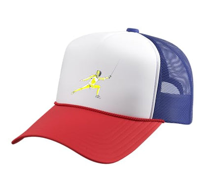 Funny Fencing Costume for Men Women Adult Kid Fencer Fencing Trucker Hat with Adjustable Mesh Back - color: Red/White/Royal Blue