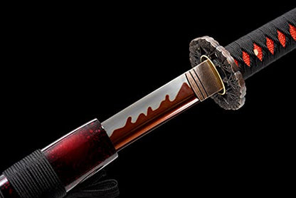 Traditional Heat/Clay Tempered Hand Forged Katana Sword | Real 1060/1095 T10 High Carbon Steel Sharp Full Tang Katanas | Practical Authentic Japanese Samurai Swords - color: Fans Red
