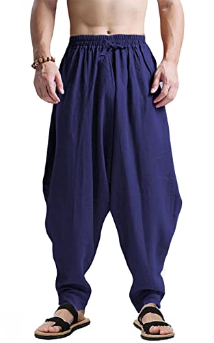 CLANMILUMS Men's Cotton Harem Pants Casual Loose Hippie Drop Crotch Trouser - color: Navy, size: Medium