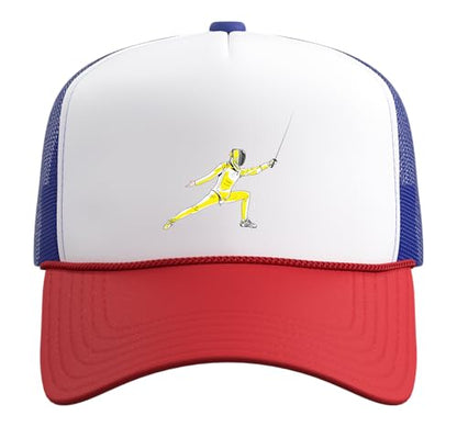 Funny Fencing Costume for Men Women Adult Kid Fencer Fencing Trucker Hat with Adjustable Mesh Back - color: Red/White/Royal Blue