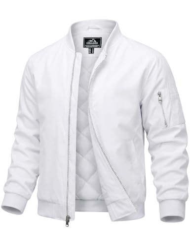 MAGCOMSEN Men's Bomber Jacket Casual Windproof Quilted Jacket Full Zip Windbreaker Winter Warm Varsity Jacket with Pockets - color: White, size: Small