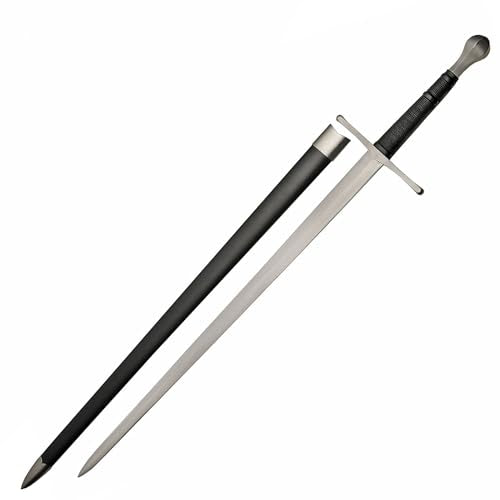 SZCO 47″ Medieval Two-Handed Sword – Real Swords for Adults with 36″ Carbon Steel Blade, Leather-Wrapped Handle & Scabbard for Display