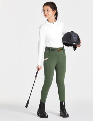 FitsT4 Sports Girls Riding Pants Full Seat High Waist Equestrian Breeches - color: Army Green, size: X-Small