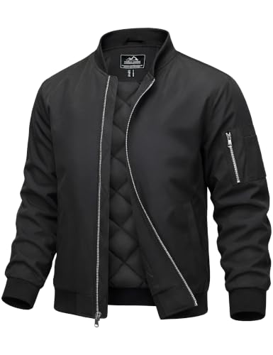 MAGCOMSEN Men's Bomber Jacket Casual Windproof Quilted Jacket Full Zip Windbreaker Winter Warm Varsity Jacket with Pockets - color: Black, size: Large