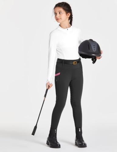 FitsT4 Sports Girls Riding Pants Full Seat High Waist Equestrian Breeches - color: Black Pink, size: X-Large
