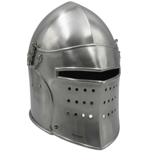 AnNafi® Medieval Knight Helmet, Renaissance Bascinet Visor Barbuta Barbute Functional Helmets, Knight Metal Armor Helmet Roleplay Wearable for Adult, Medieval Costumes Helm SCA LARP Replica Costume