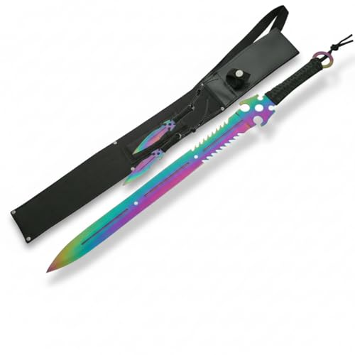 SZCO Ninja Sword Set 27 Inches - 3-Piece Full Tang Rainbow Blade with Throwing Knives, Tactical Stainless Steel Sword, Black Cord-Wrapped Handle & Nylon Sheath