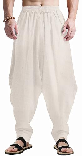 CLANMILUMS Men's Cotton Harem Pants Casual Loose Hippie Drop Crotch Trouser - color: Beige, size: Medium