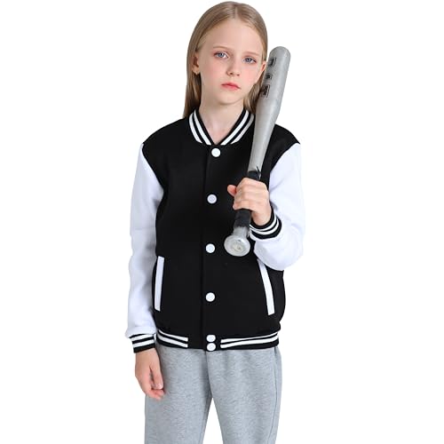 Kids Varsity Jacket Girls Boys Baseball Jacket Bomber Coat School Uniform with Pocket - color: Black, size: 14 Years