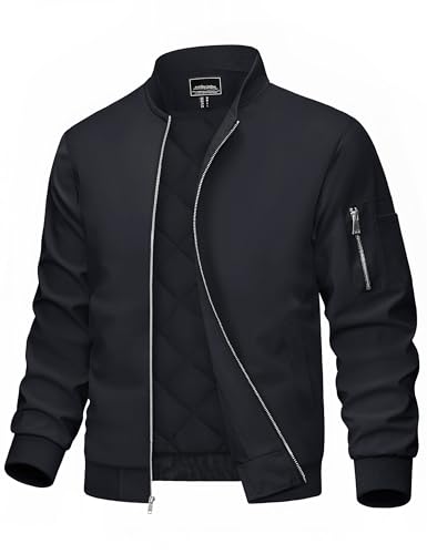 MAGCOMSEN Men's Bomber Jacket Casual Windproof Quilted Jacket Full Zip Windbreaker Winter Warm Varsity Jacket with Pockets - color: Black, size: X-Large