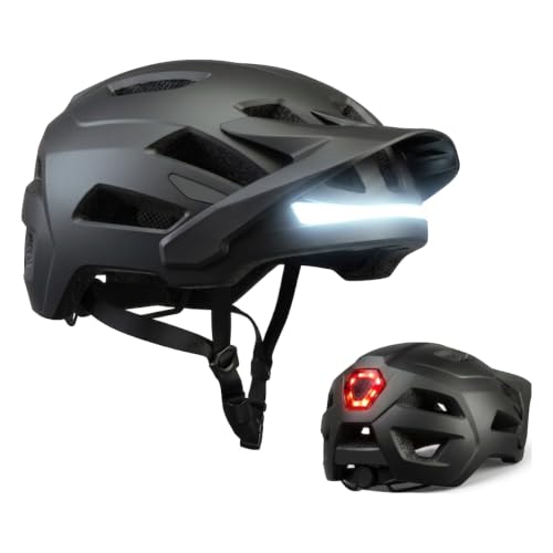 Bike Helmet, Helmets for Adults Men, Front and Back LED Lights Safe Certified MTB Road Bicycle Helmet with Adjustable Brim - color: Black, size: L (59-61cm)