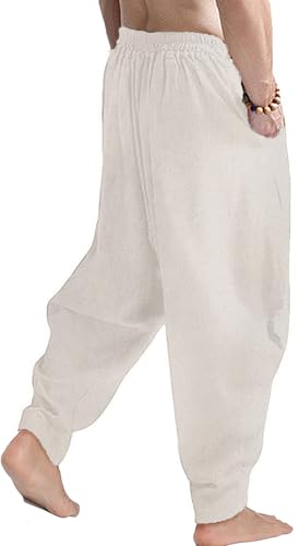 CLANMILUMS Men's Cotton Harem Pants Casual Loose Hippie Drop Crotch Trouser - color: Beige, size: Large