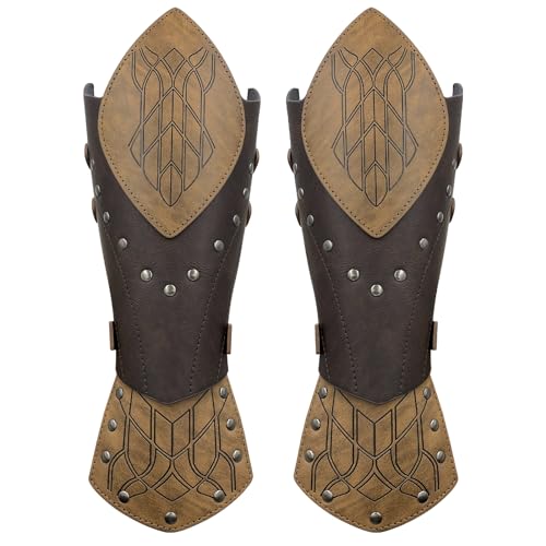 HiiFeuer Medieval Embossed Faux Leather Elf Arm Guards, Fantasy Cosplay Buckle Bracers, Knight Archer Gauntlets for LARP - color: Brown a