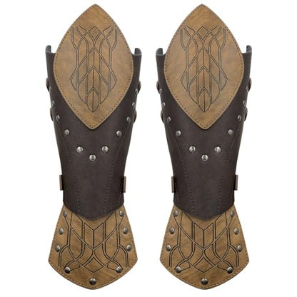 HiiFeuer Medieval Embossed Faux Leather Elf Arm Guards, Fantasy Cosplay Buckle Bracers, Knight Archer Gauntlets for LARP - color: Brown a