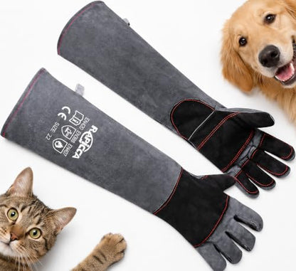 RAPICCA Animal Handling Gloves, Bite Proof Double Leather, 22 in Grey-Black - size: 2 Count (Pack of 1), style: 22 Inches