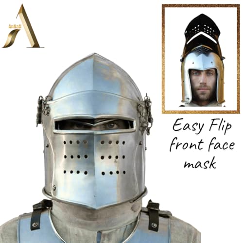 AnNafi® Medieval Knight Helmet, Renaissance Bascinet Visor Barbuta Barbute Functional Helmets, Knight Metal Armor Helmet Roleplay Wearable for Adult, Medieval Costumes Helm SCA LARP Replica Costume