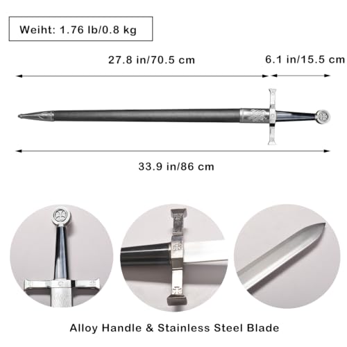 Stainless Steel Medieval Star of David King Solomon Cross Crusader Knight Templar Sword for Collection, Cosplay, Display - style: D-33.9 inch