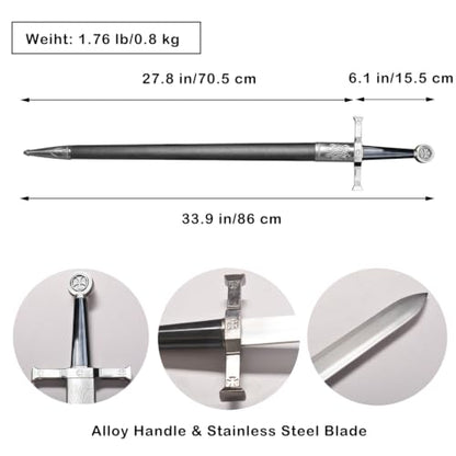Stainless Steel Medieval Star of David King Solomon Cross Crusader Knight Templar Sword for Collection, Cosplay, Display - style: D-33.9 inch