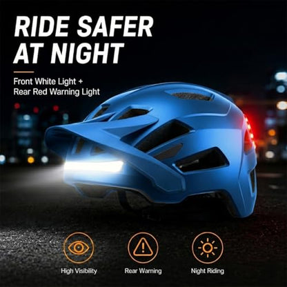 Bike Helmet, Helmets for Adults Men, Front and Back LED Lights Safe Certified MTB Road Bicycle Helmet with Adjustable Brim - color: Metal Blue, size: M (55-58cm)
