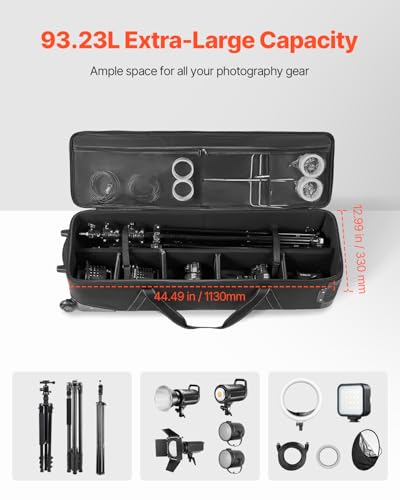 VEVOR Studio Equipment Trolley Case, 46.46 x 14.57 x 11.81 in / 118 x 37 x 30 cm, Rolling Camera Bag, Carrying Bag with Wheels Straps Padded Compartment Handle, for Light Stands, Tripods, Telescopes - size: 46.46 x 14.57 x 11.81 in