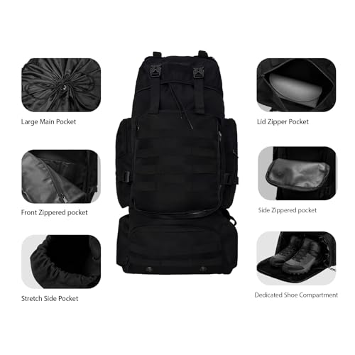 Tactical 80L Hiking Backpack with Dedicated Shoe Compartment - Large Capacity Rucksack for Camping Backpacking Men Women - Outdoor Trekking Travel Pack (Black)