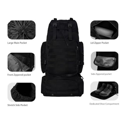 Tactical 80L Hiking Backpack with Dedicated Shoe Compartment - Large Capacity Rucksack for Camping Backpacking Men Women - Outdoor Trekking Travel Pack (Black)