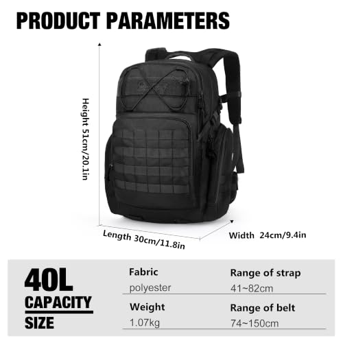 Mardingtop 40L Tactical Backpack for Men, Large Molle Military Rucksack Assault Pack for Hiking Travel Camping - color: Black