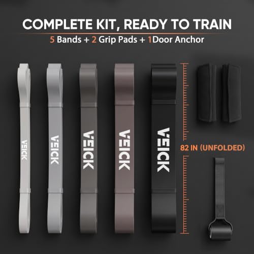 VEICK Pull Up Assist Resistance Bands for Home Gym - color: Gray Set of 5 + Hand Grip Pads
