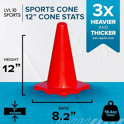 LVL10 Pro Training Cones - 12" Large Soccer Cones for Sports Training - for Basketball, Football, Basketball and Agility Drills - Soccer Field Markers that Won't Crack, Slide or Fly - style: 20 cones
