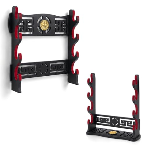 4-Tier Sword Wall Mount & Desktop Rack, 2-in-1 Sword Holder with Unique Hollow Carving, Red Velvet Lining for Samurai Katana Longsword Saber Display